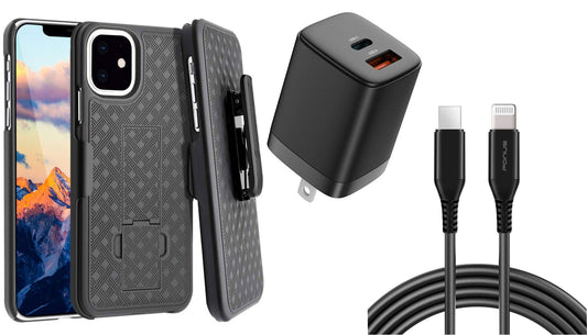 Belt Clip Case and Fast Home Charger Combo, 2-Port Quick Charge Kickstand Cover 6ft Long USB-C Cable PD Type-C Power Adapter Swivel Holster - NWD13+G96