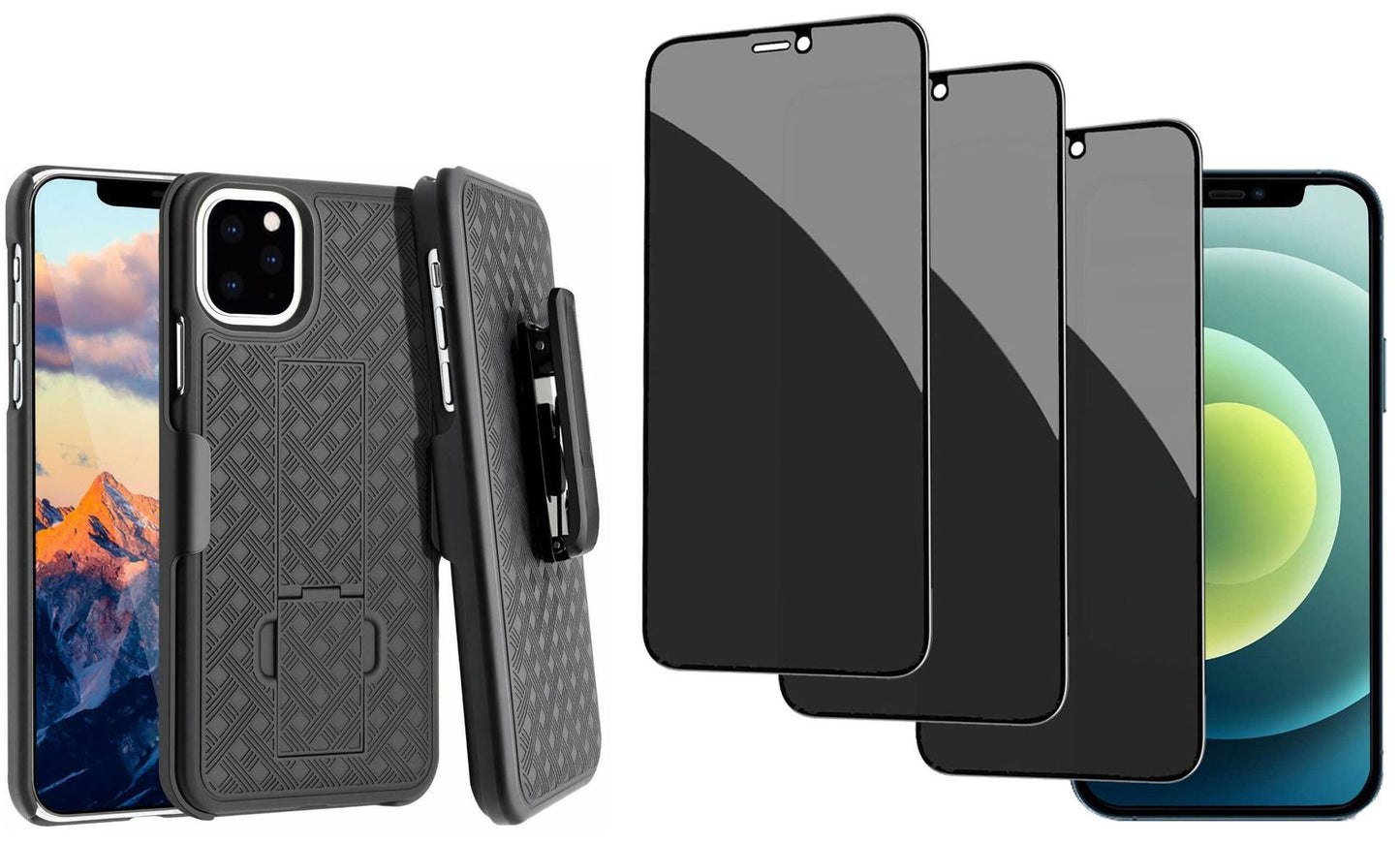 Belt Clip Case and 3 Pack Privacy Screen Protector, Anti-Peep Anti-Spy Kickstand Cover Tempered Glass Swivel Holster - NWD13+3G28