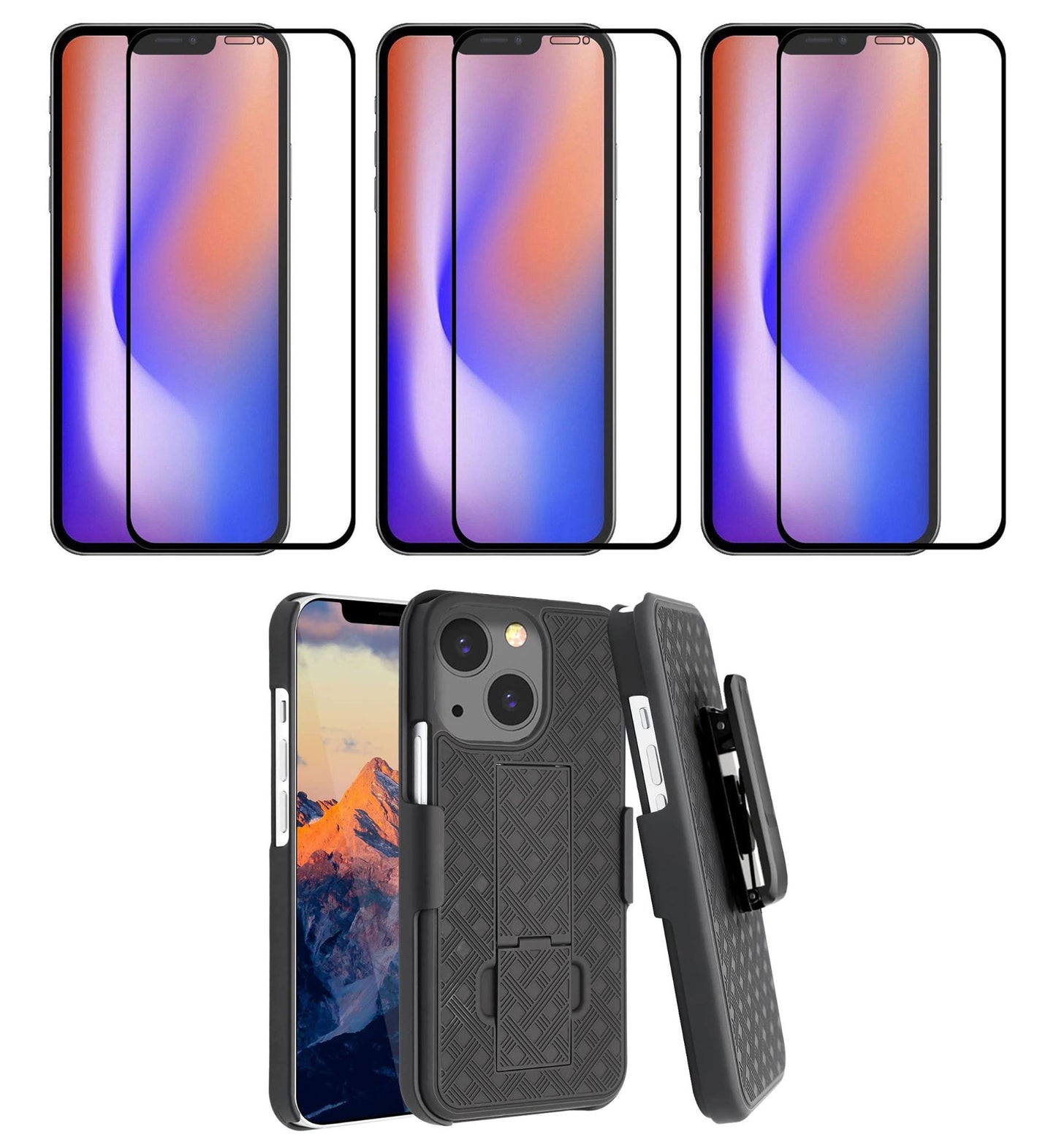 Belt Clip Case and 3 Pack Screen Protector, Anti-Glare 9H Hardness Kickstand Cover Tempered Glass Swivel Holster - NWA49+3Z31