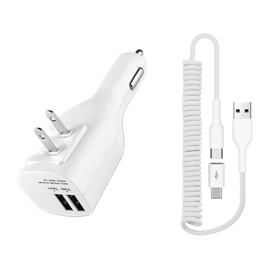 2-in-1 Car Home Charger, Folding Prongs Power Wire Charger Cord Micro-USB to USB-C Adapter Coiled USB Cable - NWK12 1879-1