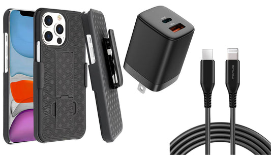 Belt Clip Case and Fast Home Charger Combo, 2-Port Quick Charge Kickstand Cover 6ft Long USB-C Cable PD Type-C Power Adapter Swivel Holster - NWA54+G96