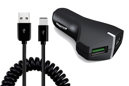 Car Charger, Quick Charge Type-C Coiled Cable 2-Port USB 36W Fast - NWE39 1487-1