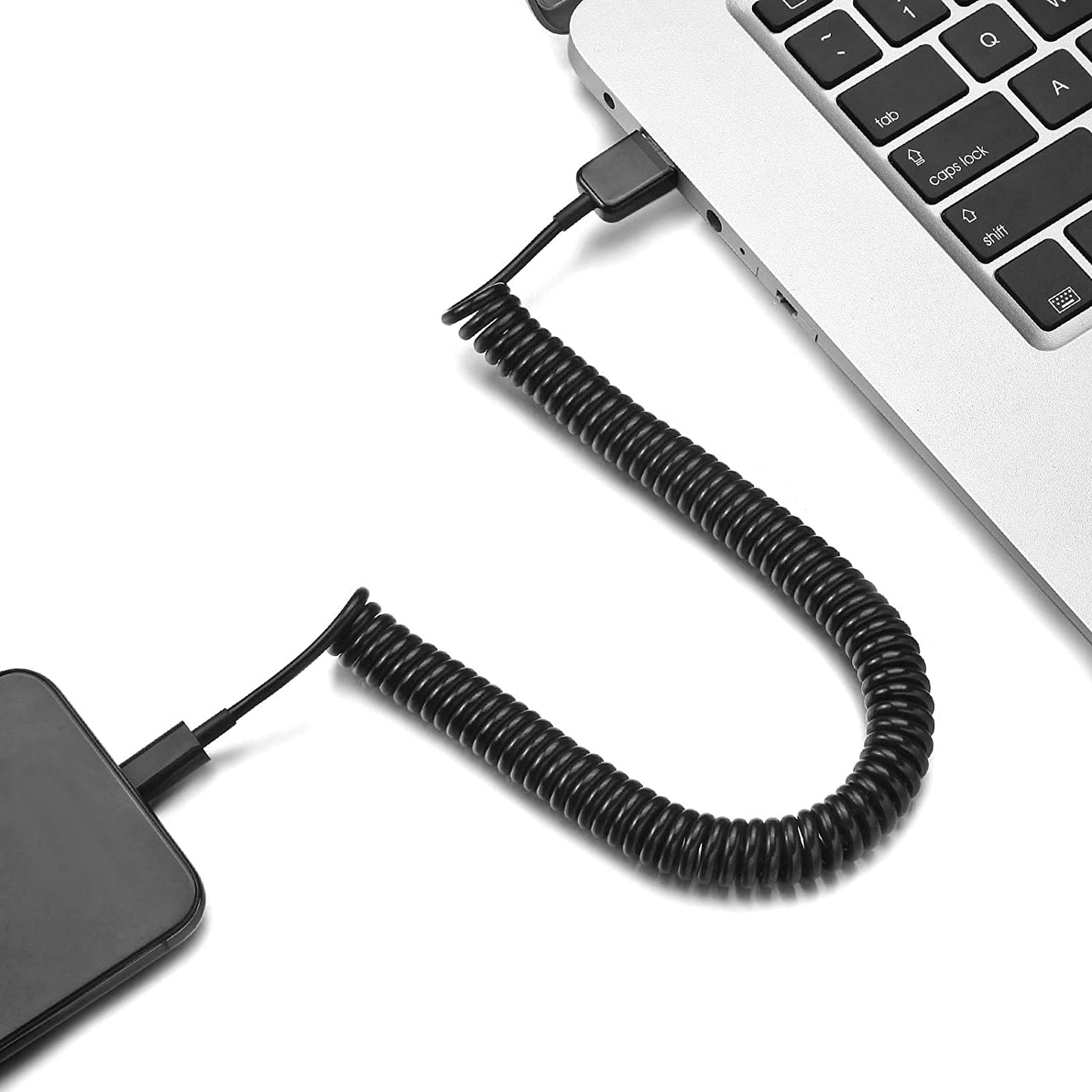 Coiled USB Cable, Black Sync Power Wire Micro-USB to USB-C Adapter Charger Cord - NWK81