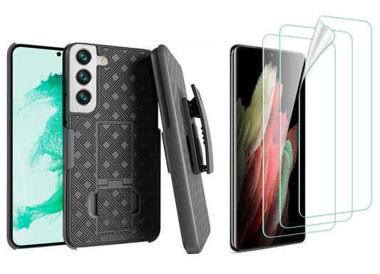 Belt Clip Case and 3 Pack Screen Protector, Fingerprint Works Anti-Glare Kickstand Cover TPU Film Swivel Holster - NWZ56+3Z36