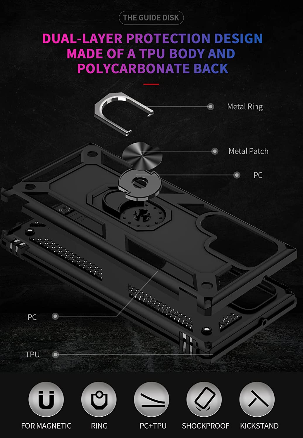 Hybrid Case Cover, Armor Shockproof Kickstand Metal Ring - NWZ02